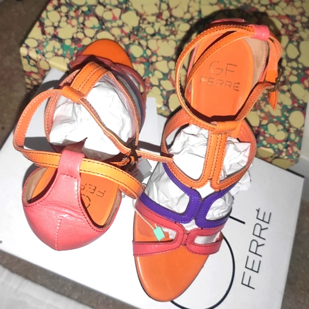 GF Ferre Multicolor Leather Metal Heel Sandals Pumps